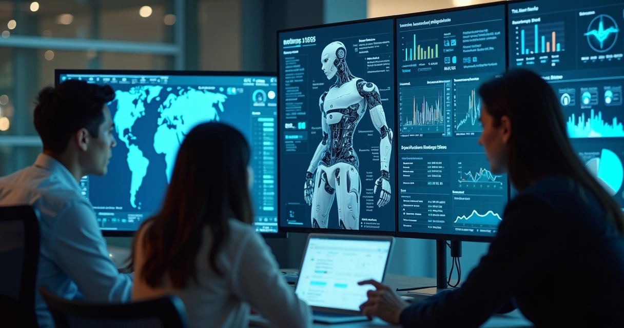 Equipe contábil com telas mostrando automação e IA 