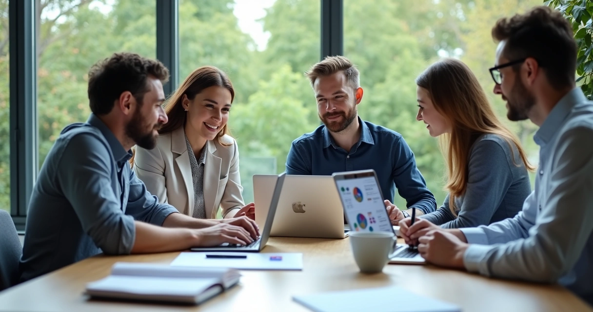 Equipe de trabalho analisando fluxos automatizados em computadores 