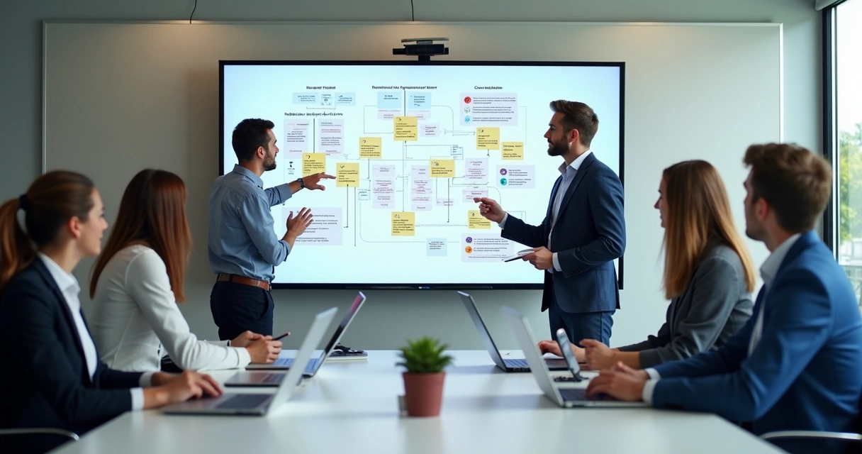 Equipe trabalha integrando automação no escritório 