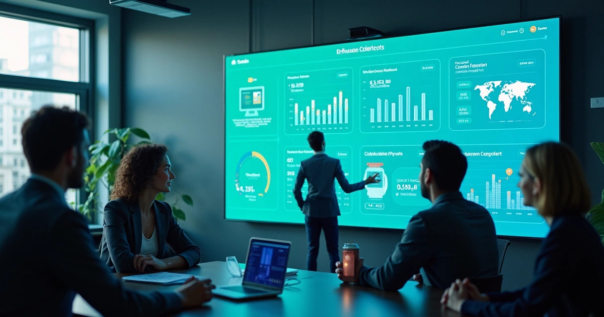 Equipe analisando cobranças em painel digital com automação 