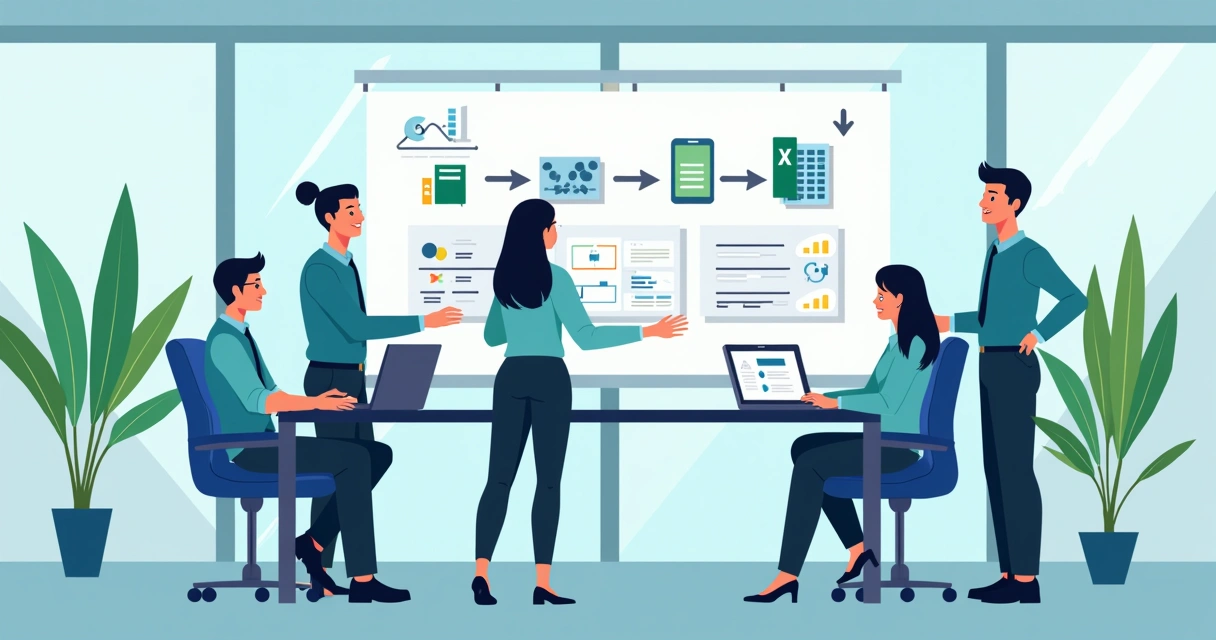 Equipe reunida usando tablets e computadores para automatizar processos