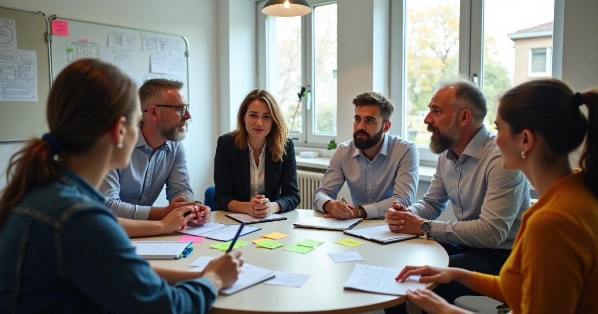 Diversos colegas de trabalho sentados em círculo em uma sala clara, compartilhando ideias e discutindo em conjunto