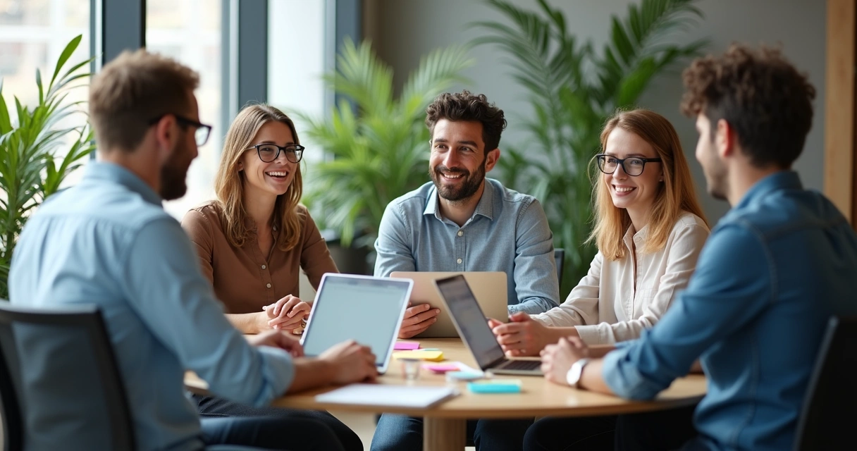 Equipe em reunião colaborativa, todos participando ativamente 