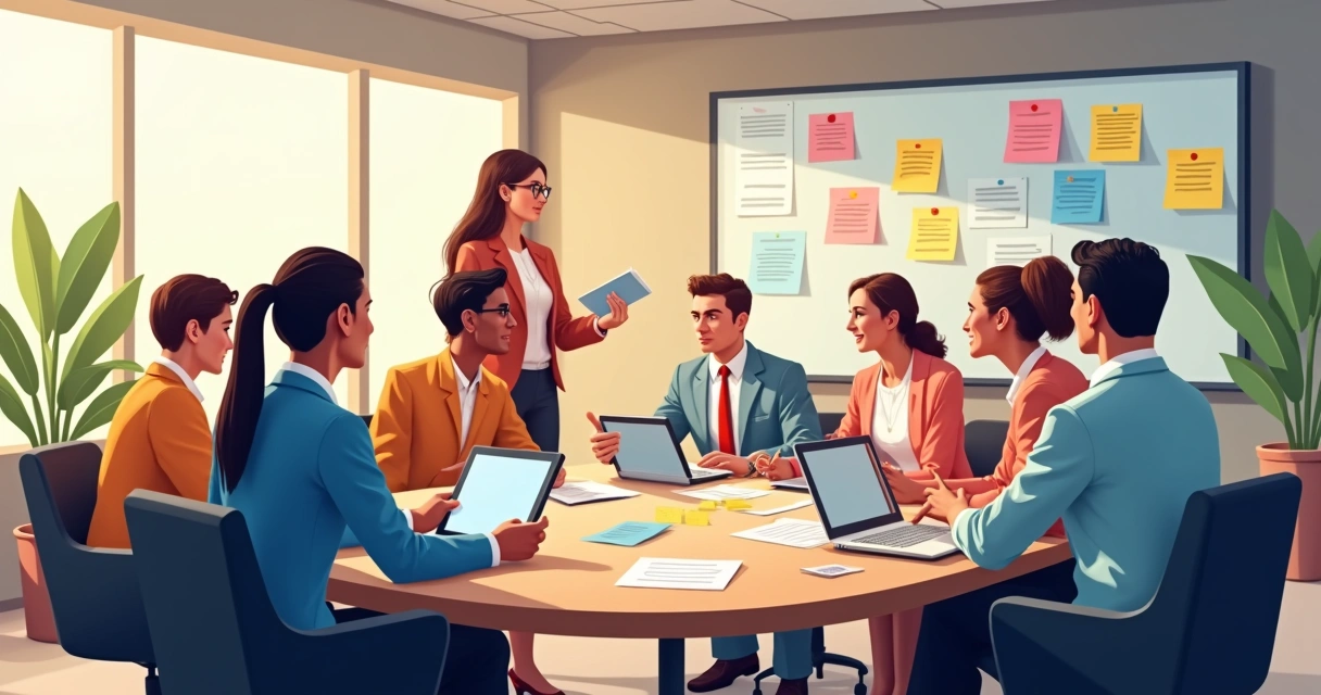 Equipe mista reunida em uma mesa discutindo estratégias, com papéis, tablets e quadros de tarefas 