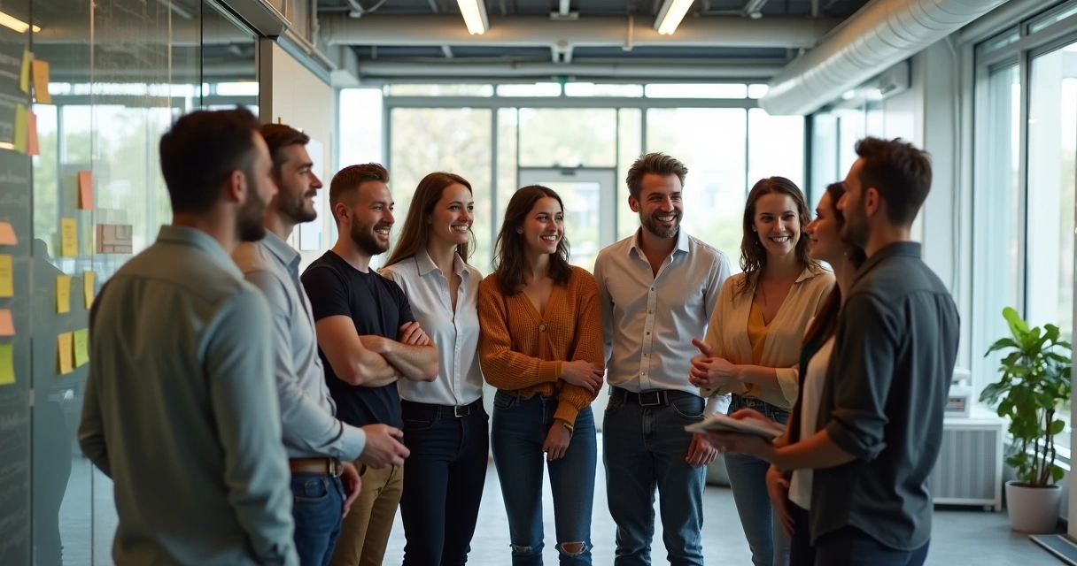 Equipe reunida comemorando bons resultados juntos 