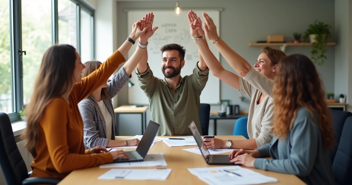 Equipe unida e autônoma celebrando resultado juntos
