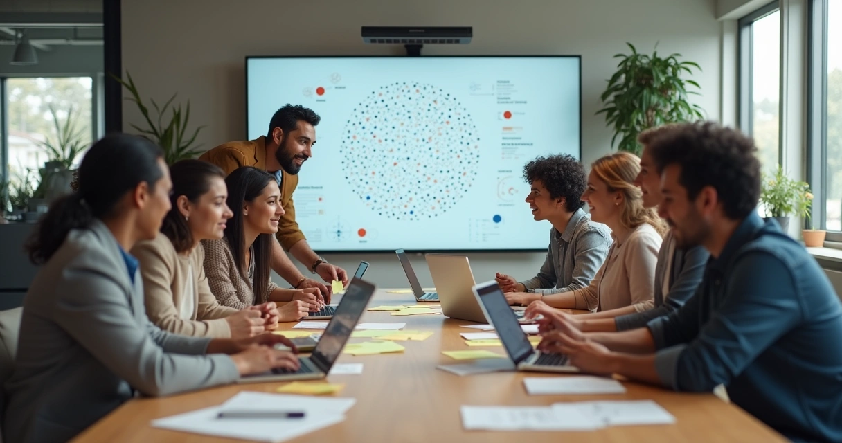 Equipe diversa reunida em círculo colaborando em ambiente de escritório moderno 