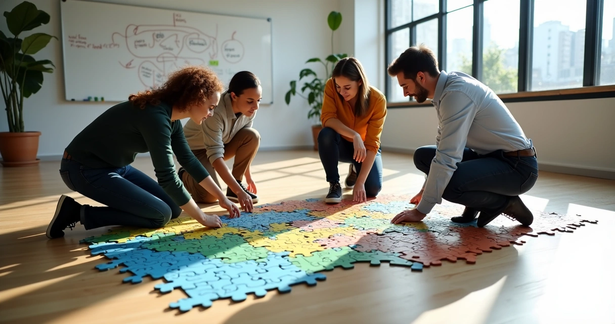 Equipe diversa montando grande quebra-cabeças colorido em escritório moderno 