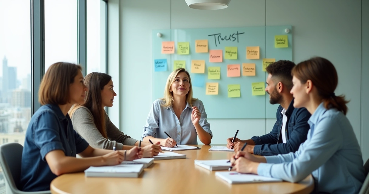 Equipe diversa em reunião colaborativa focada em autonomia emocional 