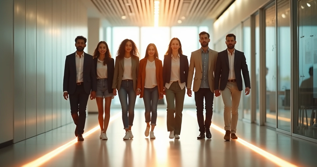 Equipe caminha alinhada por corredor iluminado simbolizando autonomia consciente 