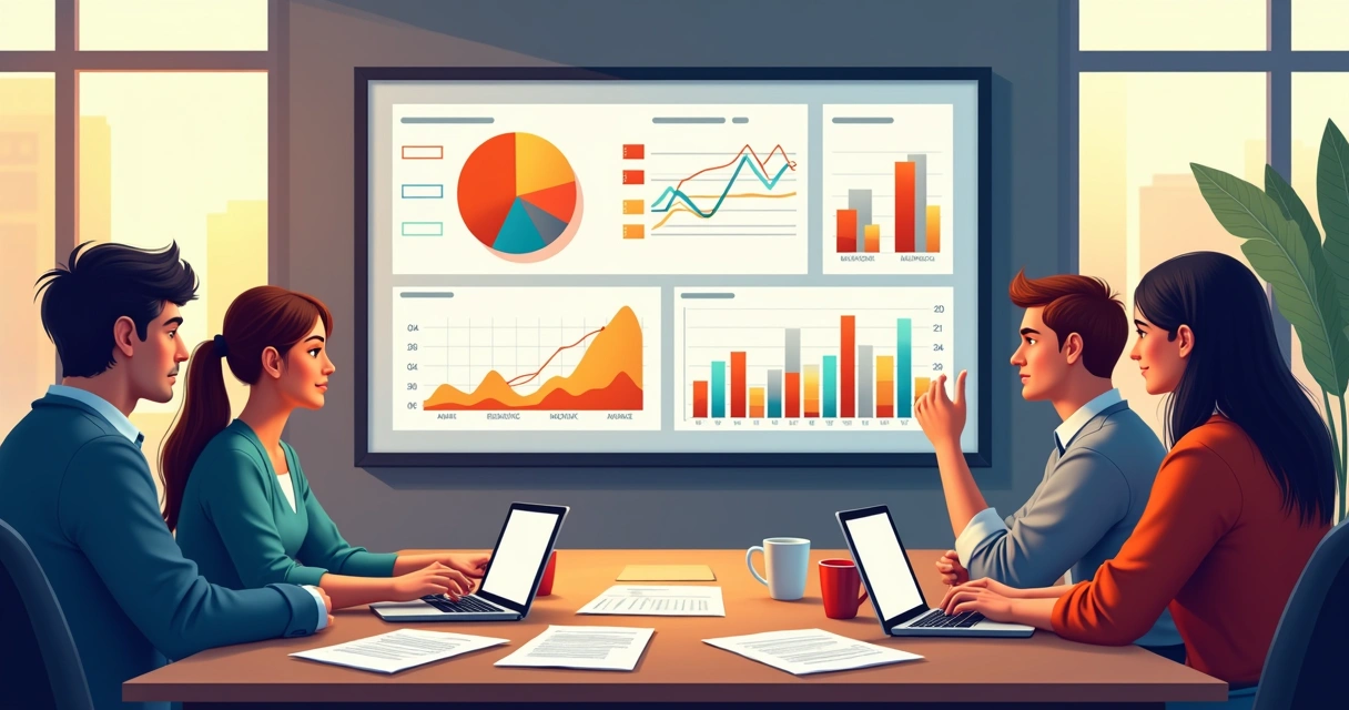 Equipe de marketing e vendas analisando dados de leads em painéis visuais 