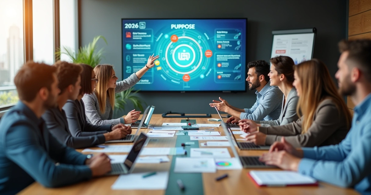 Equipe diversa em reunião avaliando propósito com painel digital futurista 