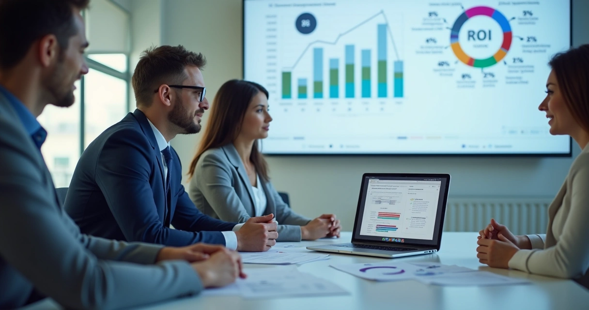 Equipe de vendas analisando uma proposta comercial gerada por IA, sentados à mesa, com gráficos na parede 