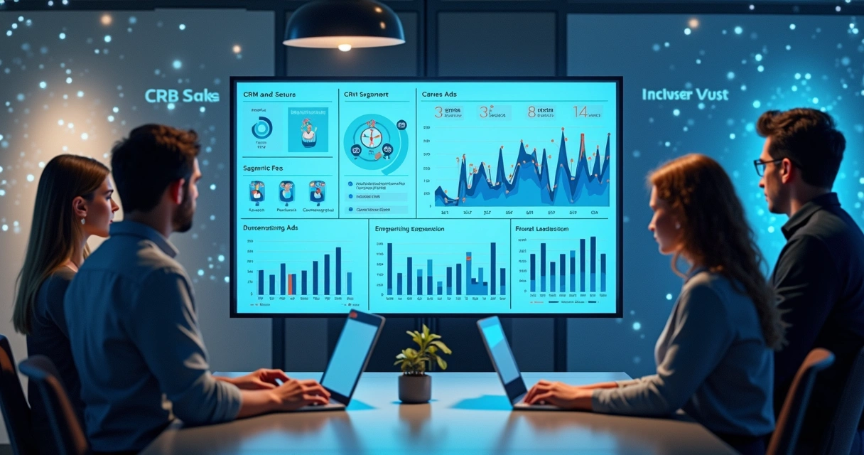 Equipe analisando dashboards de campanhas integradas, leads e cenário B2B 