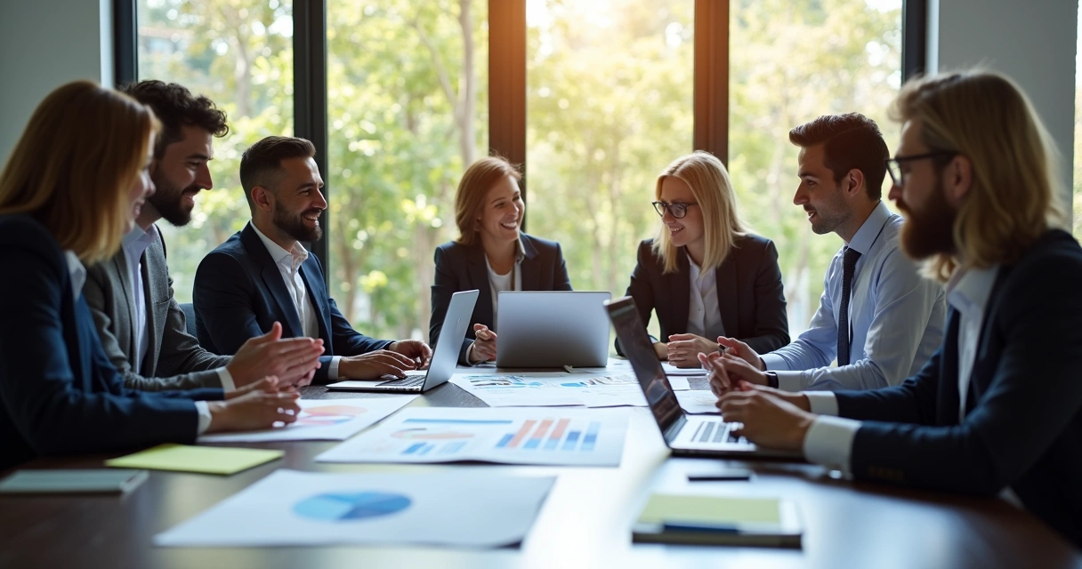 Equipe B2B em reunião de engajamento colaborativa 