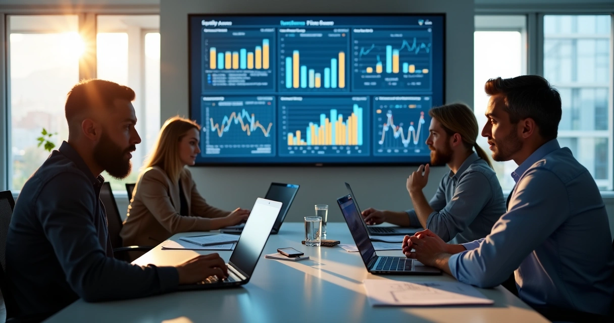 Reunião de equipe em sala de reunião com gráficos e dados na tela ao fundo 