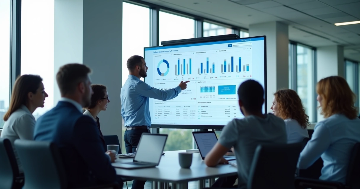 Equipe de vendas em escritório moderno analisando métricas de leads no LinkedIn em um telão.
