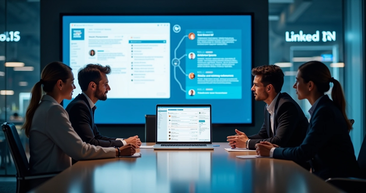 Profissionais de vendas B2B em reunião, visualizando fluxos de mensagens no LinkedIn na tela de um notebook 
