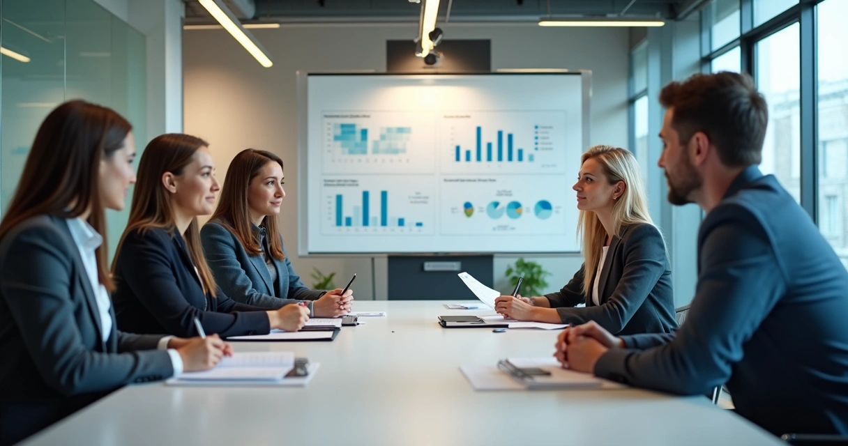 Equipe de marketing B2B analisando dados juntos na mesa de reunião 