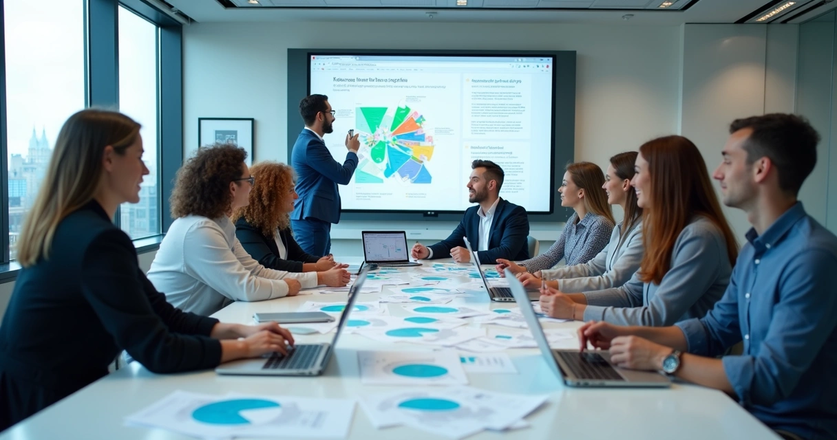 Equipe B2B analisa buyer persona em reunião de negócios 