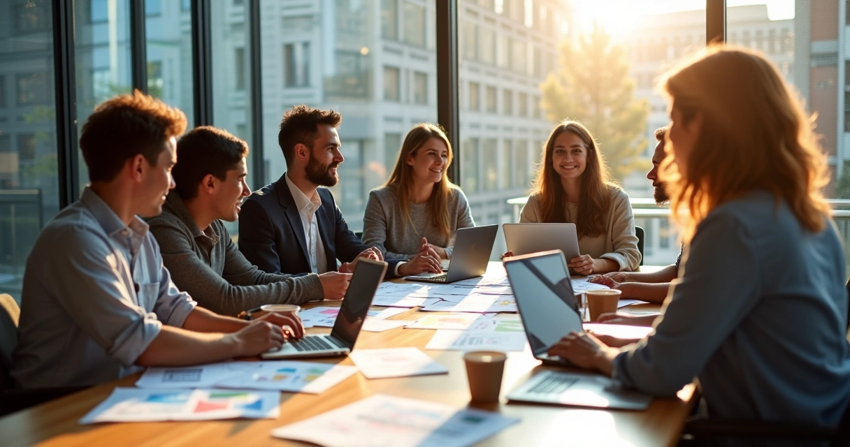Equipe de marketing reunida discutindo ideias na sala de reunião moderna 