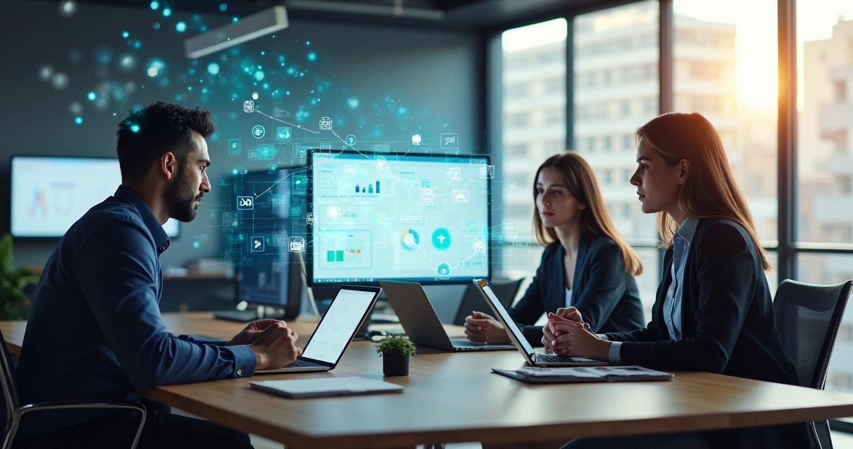 Profissionais de backoffice em escritório moderno com visualização de IA reduzindo carga cognitiva em múltiplas telas 