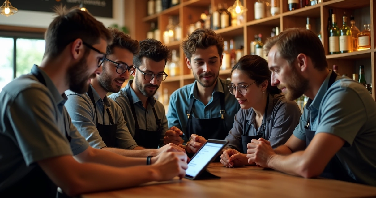 Equipe de bar reunida revisando comentários online no tablet