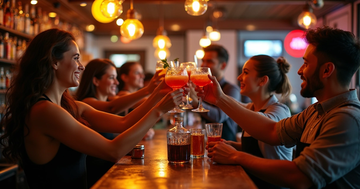 Equipe de bar sorrindo e brindando com clientes após noite de sucesso 