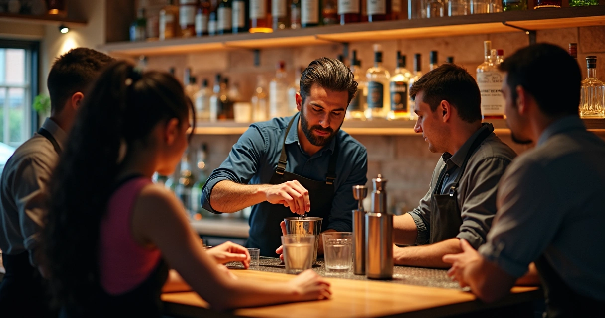 Equipe de bar sendo treinada por consultor com coqueteleiras 