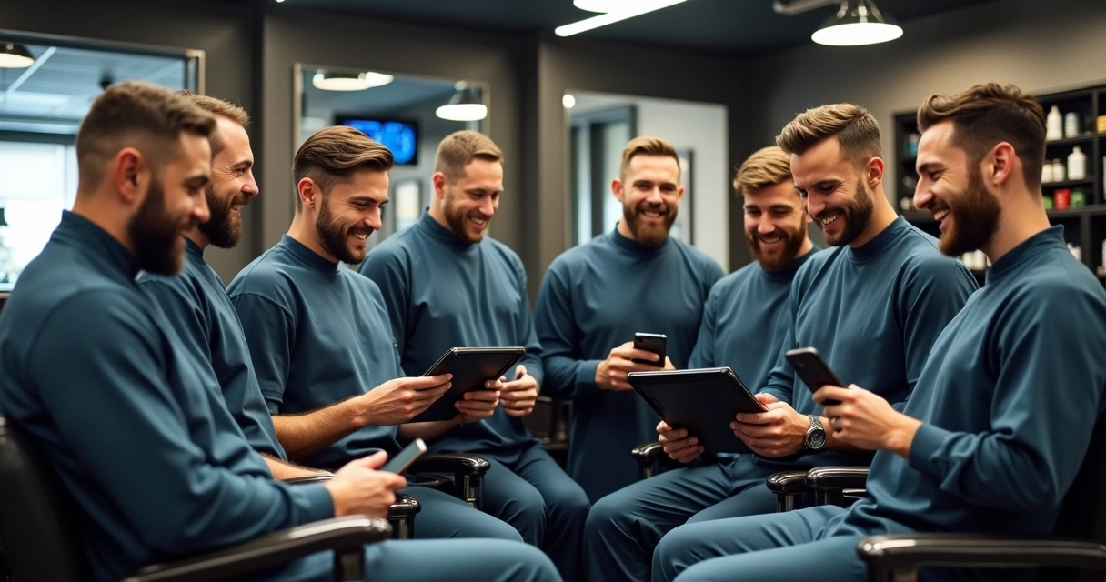Equipe de barbeiros reunida, sorrindo, com tablets e smartphones mostrando agenda digital 