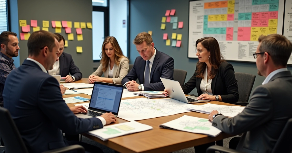 Equipe de campanha organizando base eleitoral no escritório