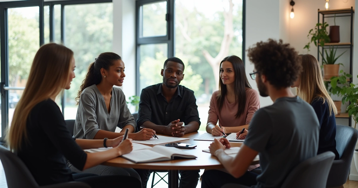 Equipe de salão de beleza reunida em círculo discutindo metas 