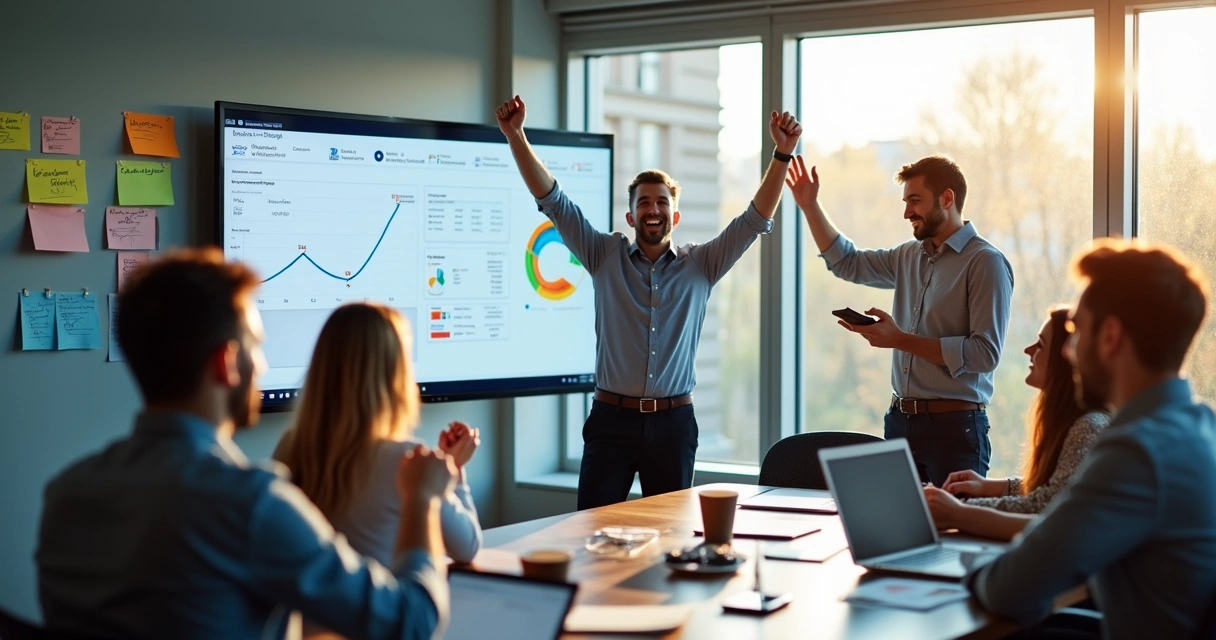 Equipe de negócios celebrando resultados melhores após automação 
