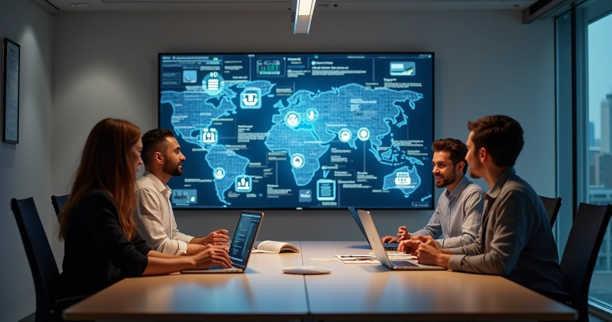 Profissionais de BPO reunidos em mesa, diagramas de automação ao fundo 