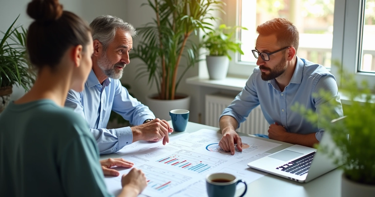 Equipe de pequena empresa reunida analisando planilha financeira. 