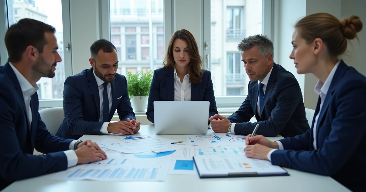 Equipe reunida em reunião analisando papéis e gráficos de controle financeiro. 