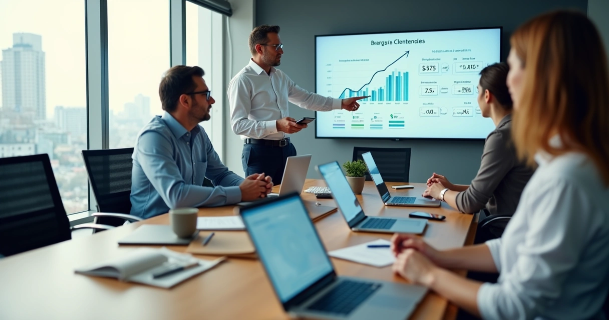 Equipe de BPO financeiro em reunião analisando gráficos de captação de clientes 