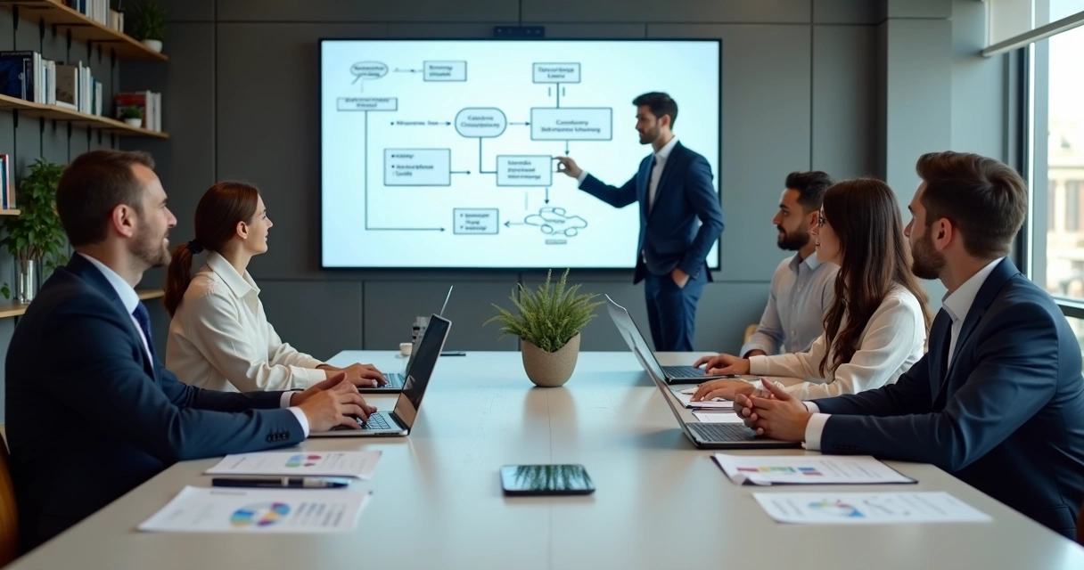 Equipe de profissionais de BPO financeiro reunida em sala de reuniões, brainstorming 