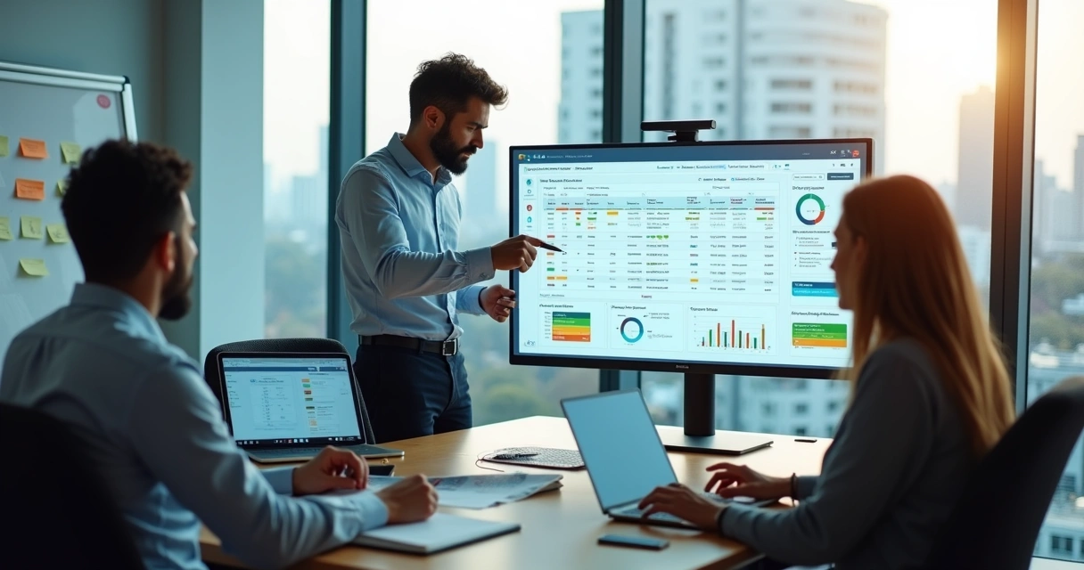 Equipe de BPO financeiro analisando painel com fluxo de caixa e indicadores 