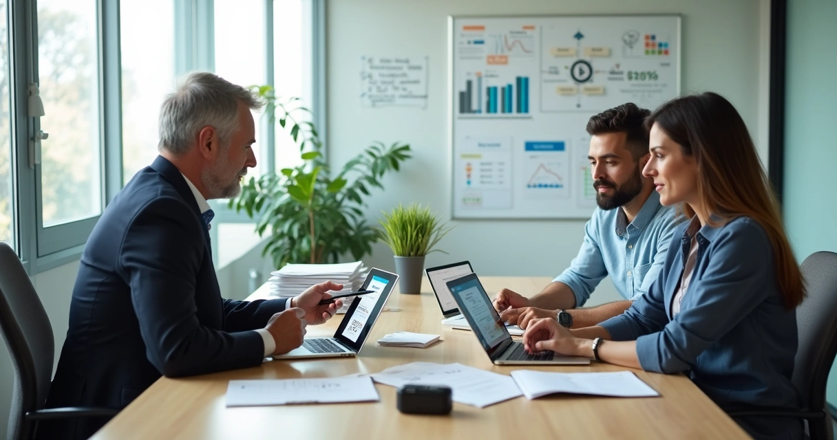 Equipe de BPO financeiro analisando documentos em pequena empresa 