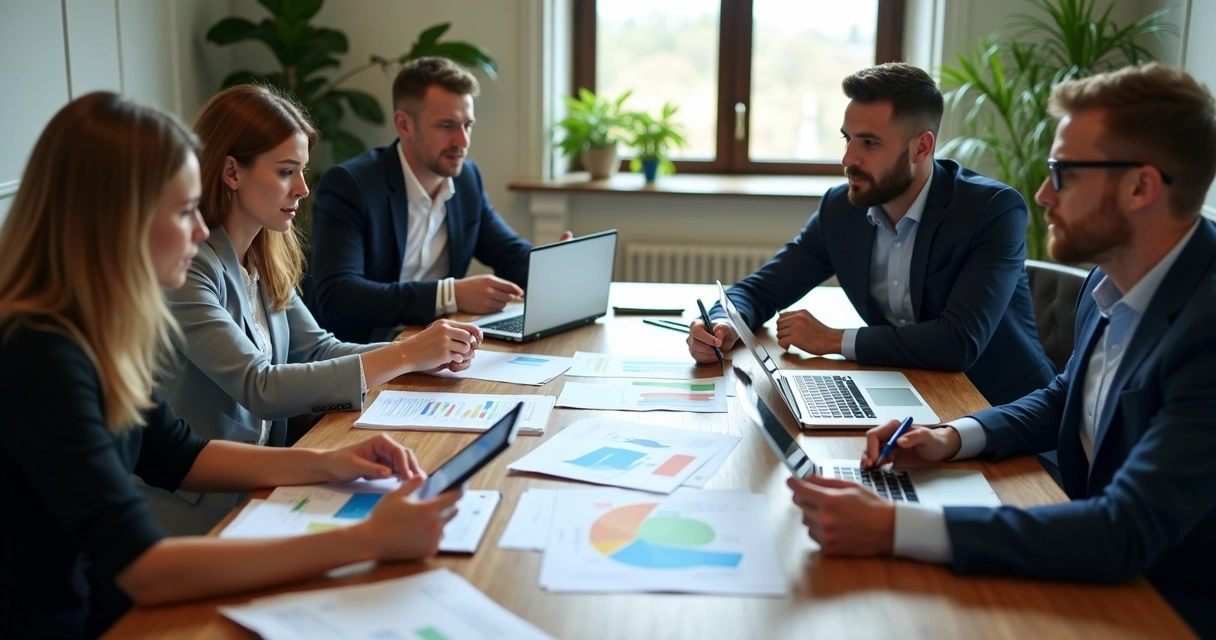 Profissionais reunidos em uma mesa analisando gráficos financeiros 