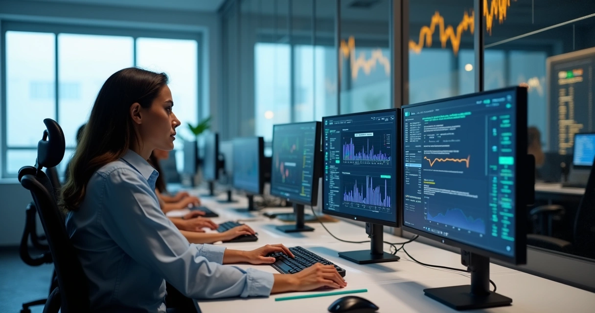 Equipe de BPO financeiro monitorando processos em computadores 