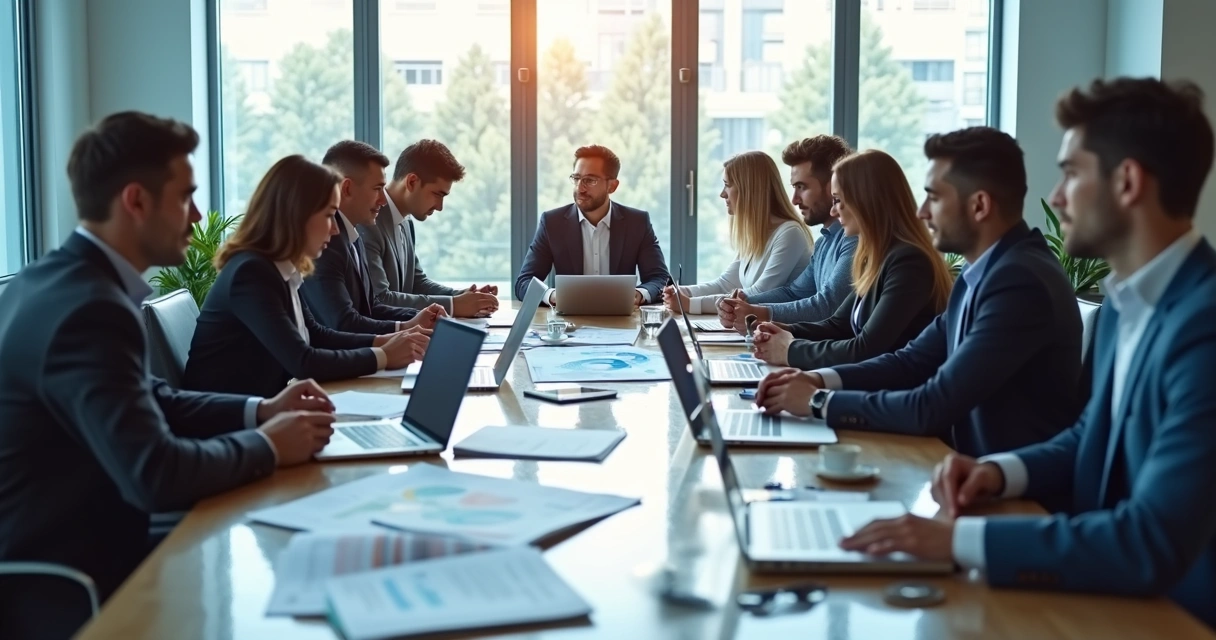 Equipe de profissionais em sala moderna discutindo estratégias para BPO financeiro 