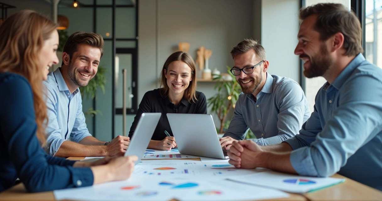 Equipe colaborativa de BPO reunida ao redor de uma mesa, sorrindo e interagindo 
