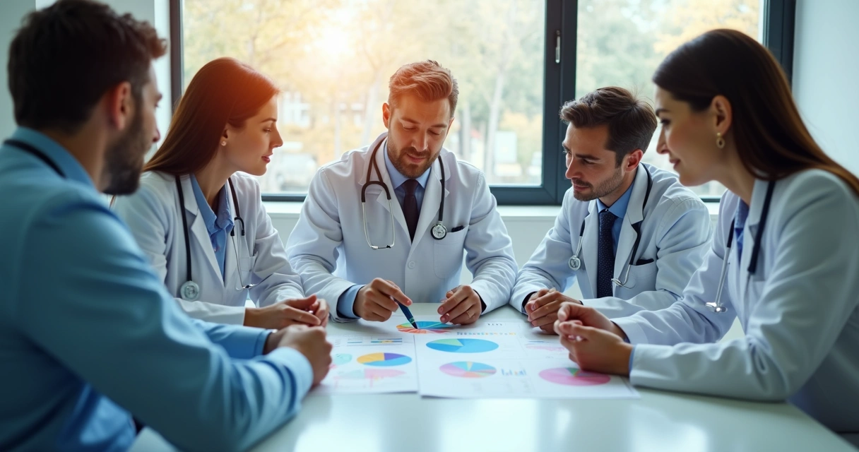 Equipe financeira analisando gráficos na área de saúde 