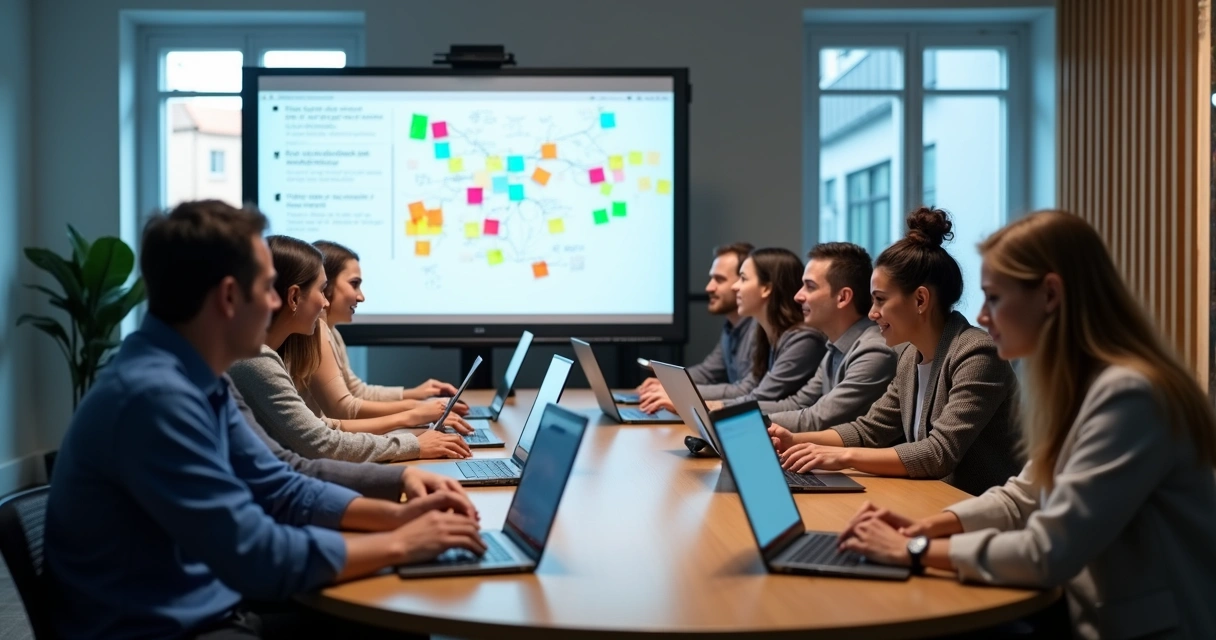 Equipe reunida em brainstorm online com tablets e computadores 