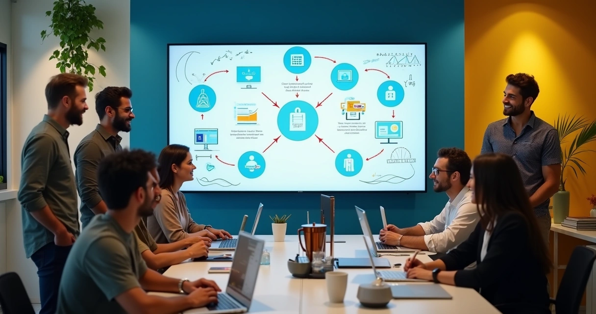 Equipe trabalhando em integração de sistemas num escritório moderno