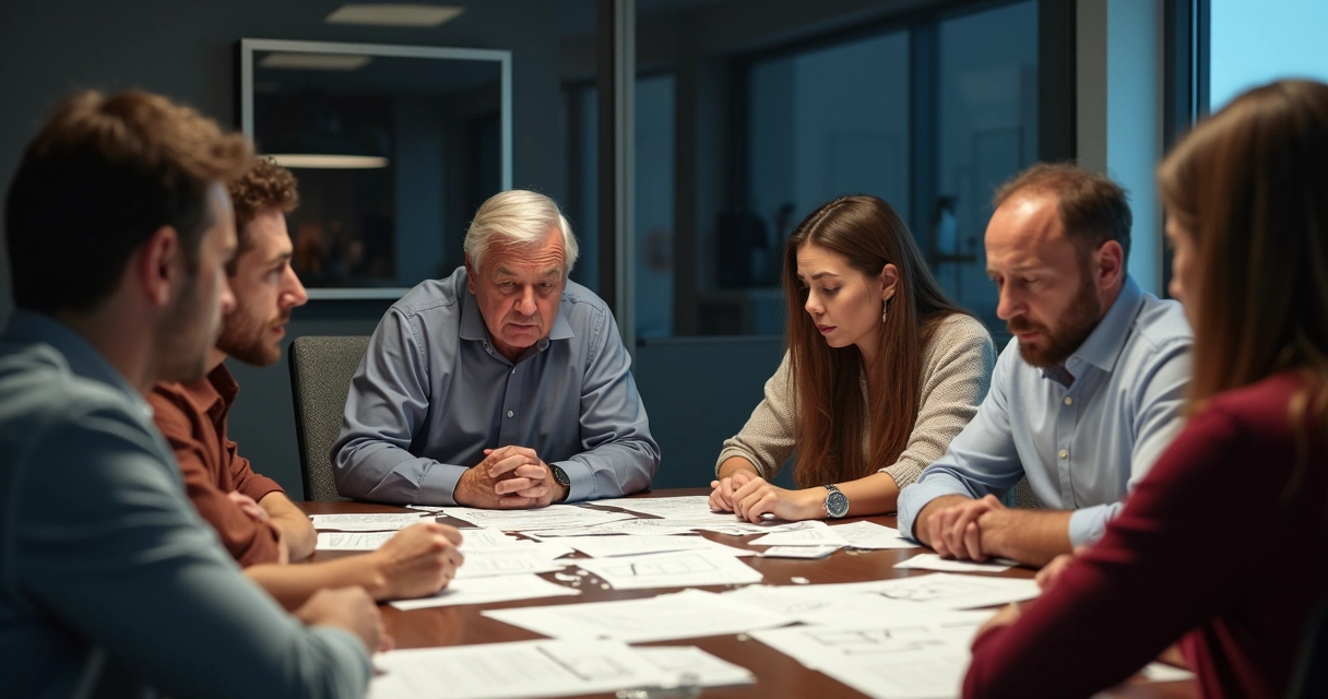 Equipe reunida em mesa de reunião discutindo calorosamente, com ambiente tenso e papéis de projetos sobre a mesa 