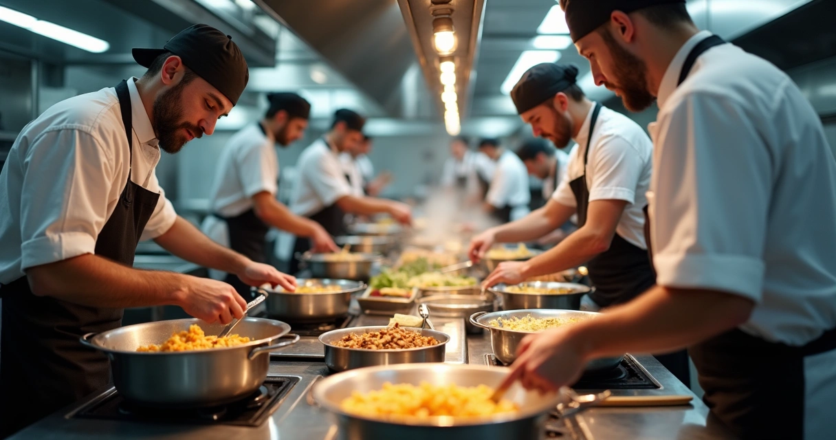 Equipe de cozinha de buffet preparando pratos juntos 