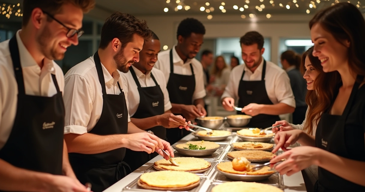 Equipe de buffet preparando crepes ao vivo em evento 